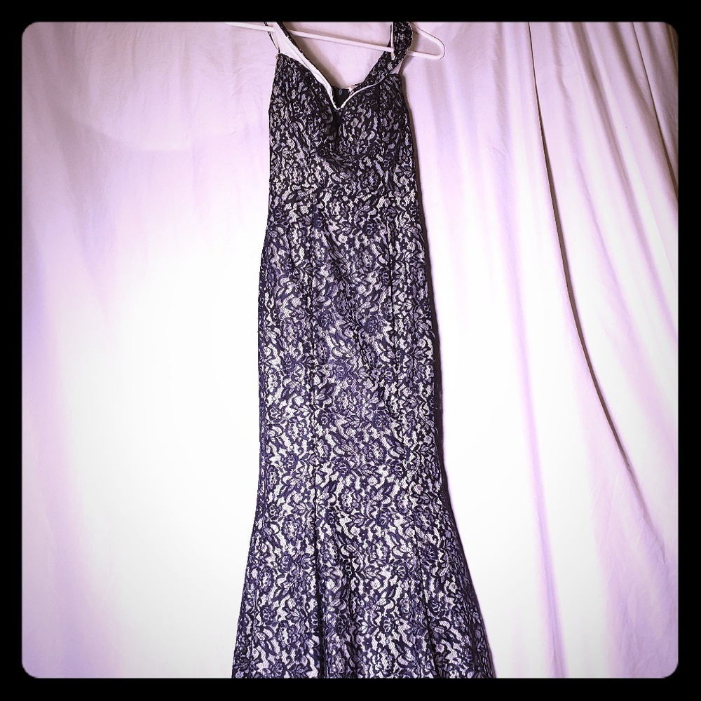 Metallic Silver Sequins Dark Blue Prom Dress